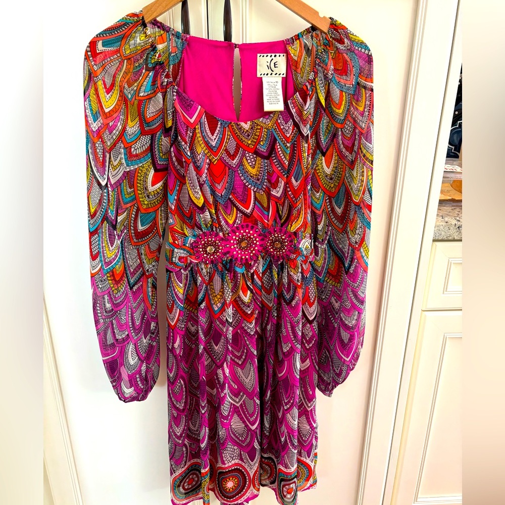"ICE" Multicolor - Beaded  Waist - Long Sleeves - Fuchsia Print Dress - Size 10.